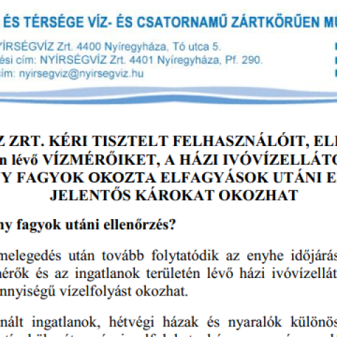 A NYÍRSÉGVÍZ Zrt. kéri tisztelt felhasználóit