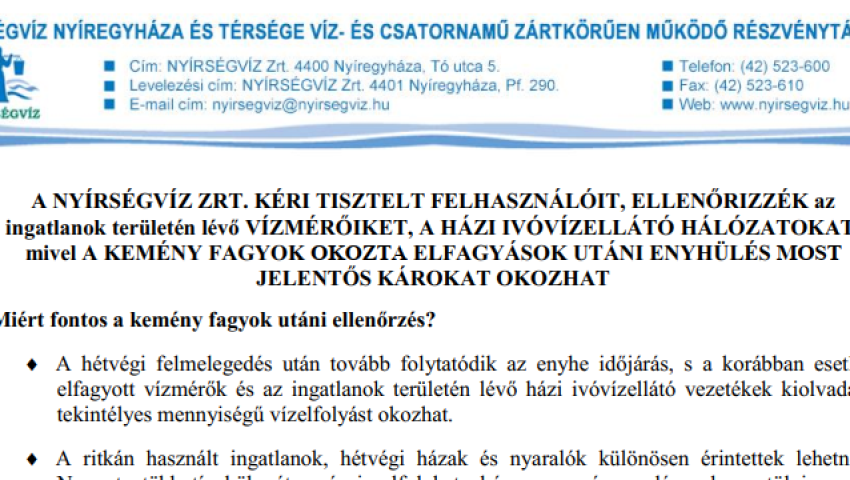 A NYÍRSÉGVÍZ Zrt. kéri tisztelt felhasználóit
